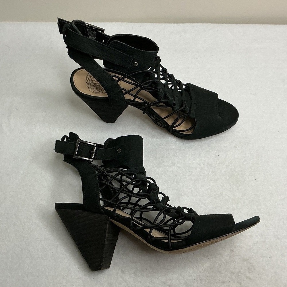 Vince Camuto Black Cage Gladiator Sandals Heels Women Strappy Buckle 6.5M‎